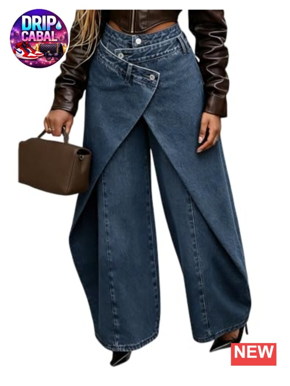 Patchwork Baggy Jeans High Waisted Asymmetrical Denim Pants with Pockets